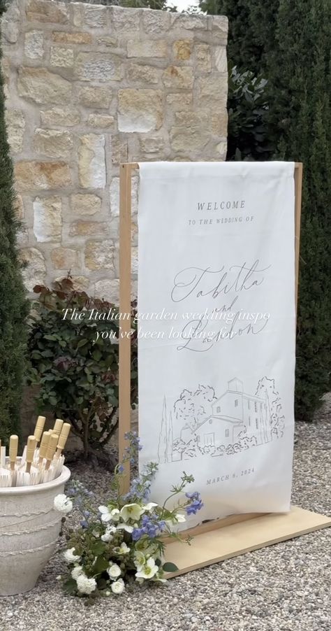 Italian Wedding Welcome Sign, Cake Plinth, Fabric Signage, 21st Sign, Garden Engagement Party, Signage For Weddings, French Themed Wedding, Wedding Flags, Wedding Seating Signs