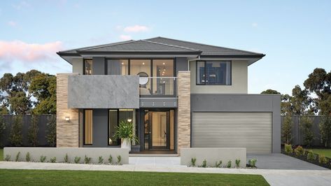 The Duolton 56 is a new and spacious home design that proudly wears such majestic label. View the Doulton Home design at Metricon Melbourne now! Metricon Homes, Double Storey House, 2 Storey House Design, Two Story House, Architectural Design House Plans, Modern Style House Plans, Modern House Facades, Modern Exterior House Designs, House Construction Plan