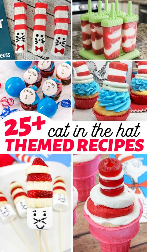 The kids will love these Cat in the Hat Themed Recipes! They're a fun and delicious way to encourage cooking in the kitchen! Movie Night Snack Ideas, Dr Seuss Snacks, Family Movie Night Snacks, Easy Kabobs, Night Snack Ideas, Easy Delicious Dessert, Cat In The Hat Birthday, Cat In The Hat Party, Hat Birthday Party