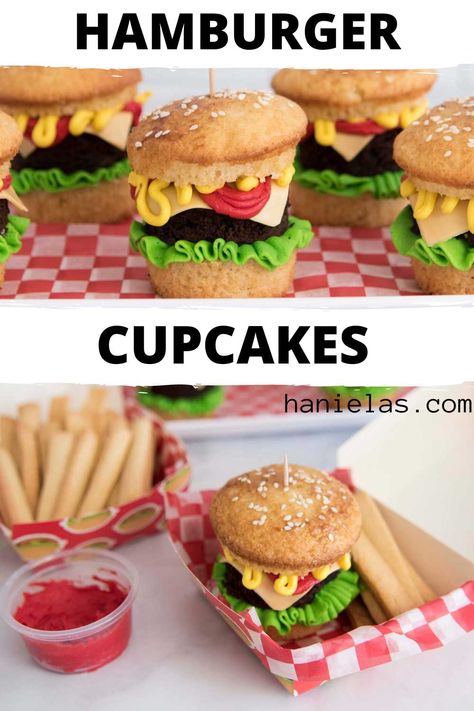 Hamburger Cake Pops, Hamburger Cupcakes And Fries, Hamburger Birthday Party, Hamburger Cake Tutorial, Burger And Fries Cake, Hamburger Cake Birthdays, Dessert Hamburgers, Hamburger Cake Ideas, Bbq Treats