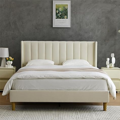 YUHUASHI Upholstered Platform Bed Frame/Queen Bed Frame/Modern Geometric Double-Wing Design Headboard/Flannel and Linen Fabric/Easy to Assemble No Noise (Cream, Queen (U.S. Standard)) : Amazon.ca: Home Fabric Covered Headboard, Bed Frame Modern, Bed Base Frame, Bed Frame Queen, Parents Bedroom, Winged Headboard, Fabric Bed Frame, Velvet Headboard, Queen Size Bed Frames