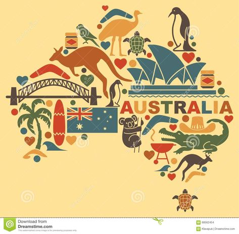 Australian Icons In The Form Of A Map - Download From Over 58 Million High Quality Stock Photos, Images, Vectors. Sign up for FREE today. Image: 68562454 Australian Culture, Australian Icons, Geography For Kids, Australia Animals, Harbour Bridge, Australia Map, Illustrated Map, Watercolor Animals, Free Illustrations