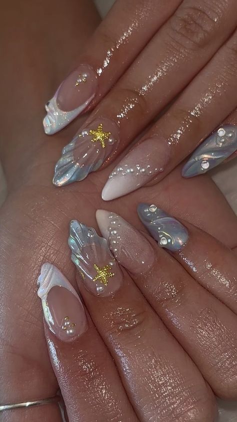 Mermaid Style Nails, Mermaid Nails Design Acrylic, Beach 3d Nails, Vacation Cruise Nails, Cruise Vacation Nails, Costa Rica Nails Designs, Belize Nails, Nails For Vacation Beach Tropical, Beach Almond Nails