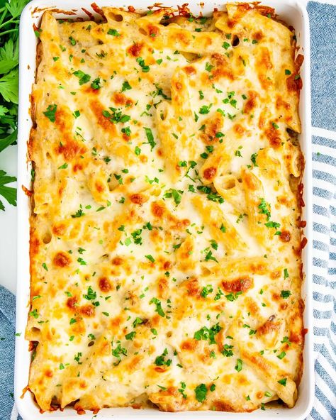 A comfort food classic that's perfect for feeding a crowd! This Chicken Alfredo Bake is penne pasta tossed with cooked chicken, and a creamy sauce! Finished with cheese and baked to perfection - no one can resist this delicious dish! #chicken #alfredobake #alfredo #alfredosauce Alfredo Pasta For A Crowd, Pasta To Feed A Crowd, Chicken Alfredo For A Crowd, Alfredo For A Crowd, Chicken Fettuccine Alfredo Bake, Pasta Recipes For A Crowd, Alfredo With Cream Cheese, Fettucini Alfredo Chicken, Chicken Penne Alfredo