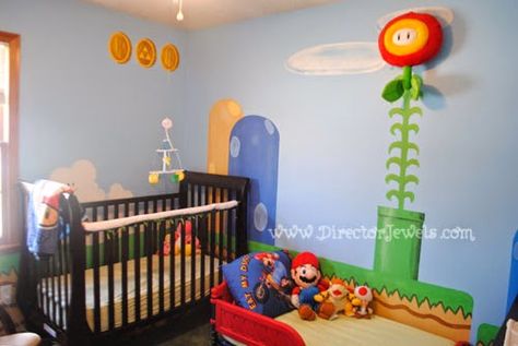 Mario Nursery Inspiration at directorjewels.com Super Mario Bros, Nintendo Theme DIY Decor and Ideas Nintendo Nursery, Super Mario Nursery, Mario House, Mario Nursery, Mario Bros Room, Mario Bedroom, Mario Room, Super Mario Bros Nintendo, Mario Theme