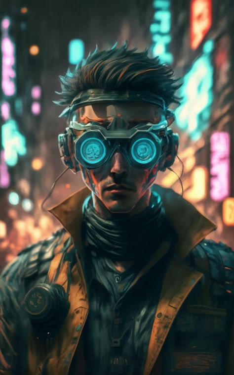 Explore a futuristic city as a cyberpunk detective with augmented reality goggles in this captivating anime-style portrayal. #wallpaper #mobile #art #design #desktop #dark #man #cyberpunk #goggles #tattoo #ai #city Futuristic City Cyberpunk, Mobile Art Design, Goggles Tattoo, Cyberpunk Detective, Cyberpunk Goggles, Futuristic Goggles, Goggles Drawing, Cyberpunk Tattoo, Vr Goggles