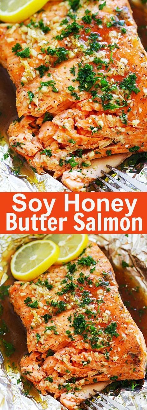 Soy Honey Butter Salmon - Easy roasted salmon recipe with soy sauce and honey butter. Moist, juicy and delicious salmon for the entire family | rasamalaysia.com Recipe With Soy Sauce, Honey Butter Salmon, Recipes With Soy Sauce, Fish Salmon, Salmon Soy Sauce, Recipes Fish, Garlic Butter Salmon, Butter Salmon, Healthy Salmon