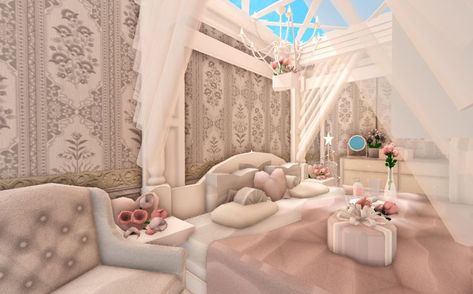 made by me #pink #bloxburg #aesthetic #coquette #blush #bloxburgidea #bloxburgbuild Bloxburg Bedroom Ideas Coquette, Bloxburg Blush Bedroom, Bloxburg Castle Bedroom, Bloxburg Castle Room Ideas, Croquette Bloxburg House, Coquette Blocksburg House, Coquette House Exterior Bloxburg, Coquette Bathroom Bloxburg, Bloxburg Valentines House