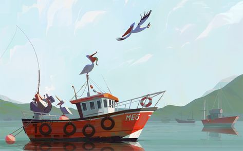 Boat Illustration, Visual Development, Environment Design, Environment Concept Art, Environmental Art, Children's Book Illustration, Book Illustration, Children Illustration, Animation Art