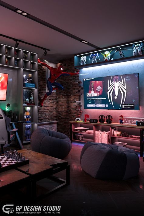 Man Cave Video Game Room, Gamer Living Room, Gaming Bedroom Ideas, Lofted Cabin, Game Room Ideas, Book Rooms, Small Game Rooms, House Interior Ideas, Nerd Room