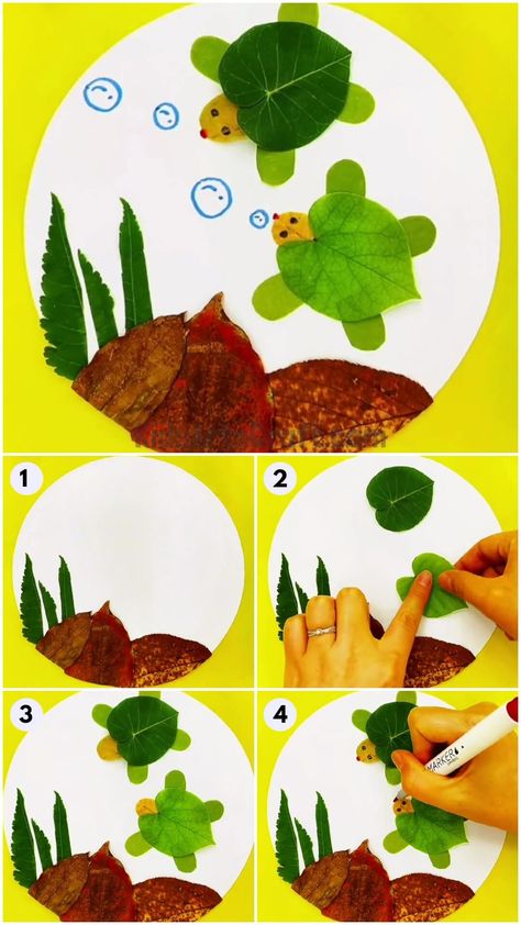 Leave Collage, Match Stick Art, Leaves Tutorial, Ceramic Plates Art, Sea Animal Crafts, Leaves Craft, Bee Crafts For Kids, Beautiful Underwater, Leaf Collage