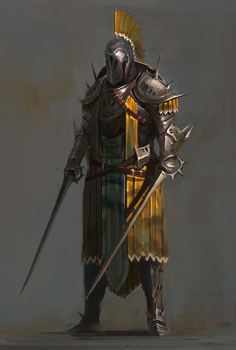 Yellow Knight, Two Swords, Knight Art, Knight Armor, Medieval Armor, Fantasy Armor, Fantasy Concept Art, Fantasy Warrior, Armor Concept