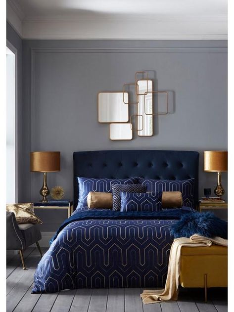 Tess Daly, Navy Bedrooms, Blue Bedroom Decor, Satin Bedding, Gold Bedroom, Spare Bedroom, Blue Bedroom, Gold Embroidery, Art Deco Inspired