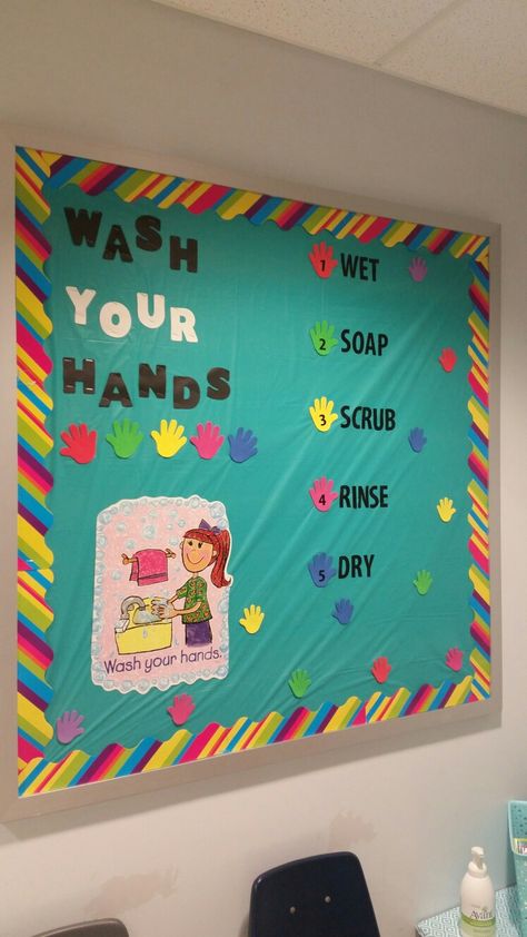 Hand washing bulletin board. School Nurse Bulletin Board Ideas, Notice Board Decoration, Counseling Bulletin Boards, Nurse Bulletin Board, School Nurse Office Decorations, Health Bulletin Boards, Nurse Office Decor, Teaching Board, School Nurse Office