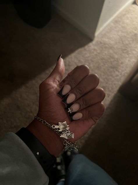 Nails Matching Black Dress, Black French Nails With Charms, Black French Tip Gems, Black French Tip Nails With Charms, Black French Tip With Charms, Black French Tips With Charms, Nails With Cross Charm, Cross Charm Nails, French Tips With Charms