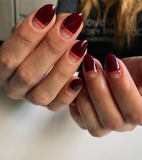 Burgundy orange negative space color block striped Fall mani (@nailsbycally) Orange Burgundy Nails, Orange And Burgundy Nails, Fall Blocks, Color Block Nails, Burgundy Nails, Orange Nails, Negative Space, Color Block, Manicure