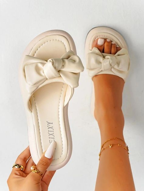 Bow Decor Slide Sandals | SHEIN Singapore Summer Slide, Bardot Dress, Bow Sandals, Cute Bows, Ditsy Floral, Ribbon Slides, Slide Sandals, Dress P, Sandals