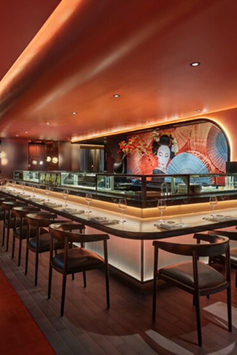 Rockwell Group created the interiors for Katsuya, which spans 7,000 sq ft inside the Five Manhattan West tower. The New York design studio opted for a dramatic approach to the restaurant’s interiors, filling its three dining areas (which can seat up to 305 guests) with colour, pattern and materials that wholeheartedly embrace Japanese tradition. #design #interiors #inspiration Korean Interior Design, Japanese Restaurant Interior, Japanese Restaurant Design, Rockwell Group, Japanese Steakhouse, Drake Hotel, Yabu Pushelberg, New York Design, Maximalist Interior