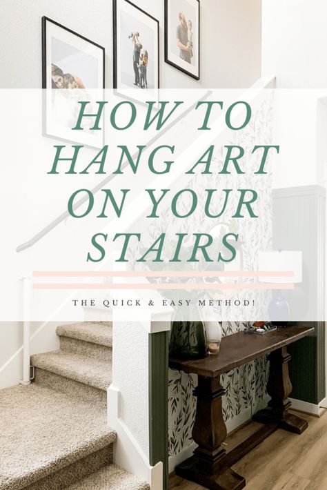 A tutorial for how to hang art going up your staircase. This method is quick and easy and you'll love the results! #entry #entrydecor #familyphotos #tutorial #homedecor What To Hang On Staircase Wall, Staircase With Picture Frames, How To Arrange Photos On Stair Wall, Entryway Stairway Ideas, How To Hang Frames On Staircase, Picture Frames Up Staircase, Gallery Wall Up Stairs Staircases, Decor On Staircase Wall, Under Stairs Wall Decor