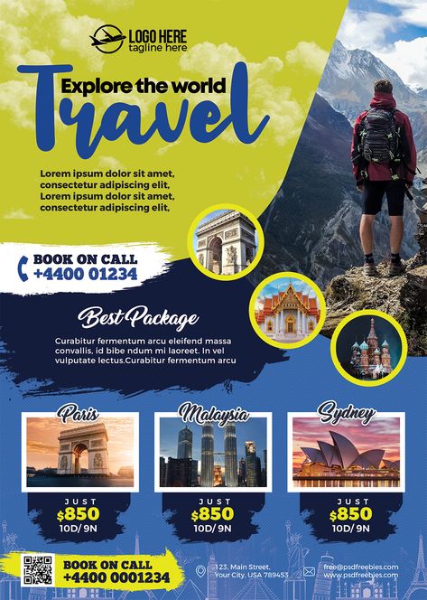 Holiday Packages Flyer PSD Template - PSD Zone Travel Flyer Design, Standing Banner Design, Travel Advertising Design, Travel Flyer, Travel Advertising, Fashion Poster Design, Tourism Poster, Travel Poster Design, Leaflet Design