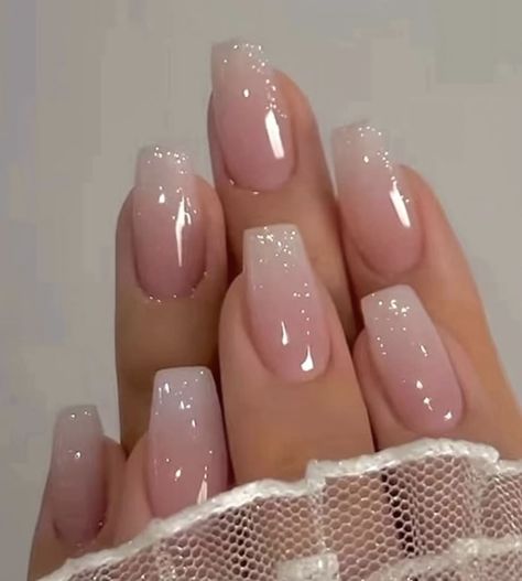 Faded French Tip With Sparkle, Ombre Nail With Gems, Glittery Pink Ombre Nails, Baby Pink Nails Christmas, Ombre Nails With Sparkle, Ombre Sparkly Nails, Baby Boomer Nails Glitter, Glitter Baby Boomer Nails, Baby Pink Nails Square