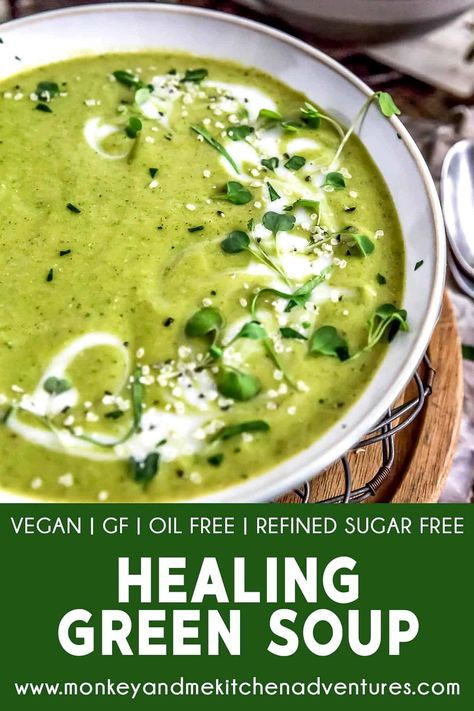 Healing Green Soup - Monkey and Me Kitchen Adventures Green Soup Recipes, Monkey And Me Kitchen Adventures, Healing Soup, Monkey And Me, Carrots Celery, Green Soup, Vegan Soup Recipes, Vegan Soups, Slow Cooker Soup