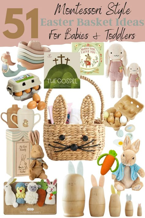 1 year old easter basket ideas 6 Month Old Easter Basket Ideas, Infant Easter Basket Ideas, Infant Easter Basket, Montessori Easter Basket, Boy Easter Basket Ideas, Montessori Easter, Toddler Easter Basket Ideas, Easter Basket Ideas For Babies, Creative Easter Basket Ideas