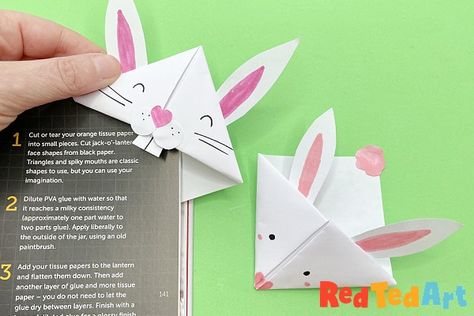 Butterfly Bookmark Step By Step, How To Make A Butterfly Bookmark Easy, How To Make Animal Bookmarks, Easter Bookmarks, Rabbit Bookmark, Bunny Origami, Origami Bookmark Corner, Basic Origami, Orange Tissue Paper