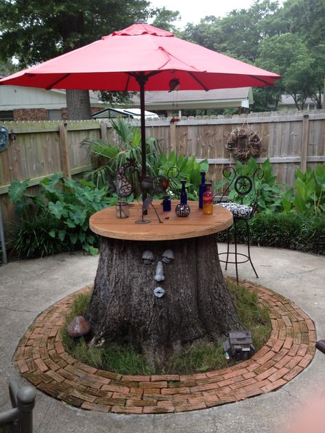 Stump Table Outdoor, Tree Stump Decor, Best Patio Umbrella, Tree Stump Table, Outdoor Trees, Garden Yard Ideas, Outdoor Decor Backyard, Tree Stump, Patio Umbrellas