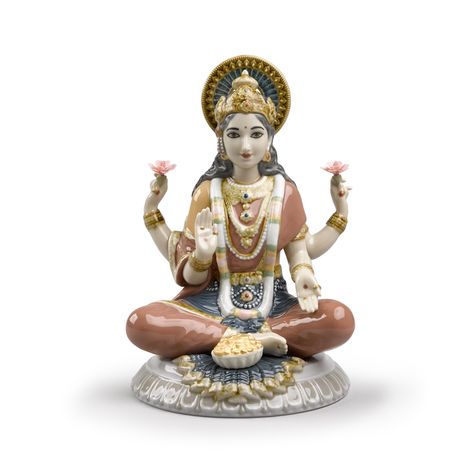 Lakshmi Statue, Lotus Bud, Rich Clothes, Lladro Porcelain, Lladro Figurines, The Hindu, Metallic Luster, Goddess Lakshmi, Porcelain Art