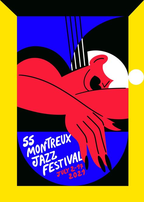 The French illustrator is the latest in a long line of artistic elites taking on the poster for the historic jazz festival. Camille Walala, Jean Tinguely, Montreux Jazz Festival, Christian Marclay, Malika Favre, Christmas Campaign, Jazz Poster, Bold Artwork, Frame By Frame Animation