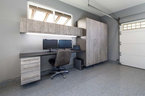 Garage Office Combo, Office Desk In Garage, Desk In Garage, Garage Office Space Ideas, Home Office Garage Ideas, Home Office In Garage Ideas, Home Garage Office, Garage Desk Ideas, Garage Makeover Office