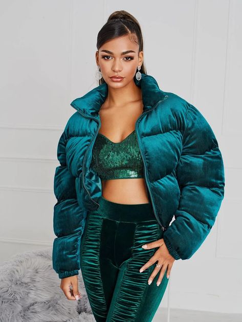 SHEIN Zip Up Velvet Puffer Coat | SHEIN USA Velvet Puffer Jacket, Puffa Jacket, Women Outerwear, Cute Shirt Designs, Winter Coats, Green Pattern, Winter Coats Women, Shein Style, Black Swimsuit