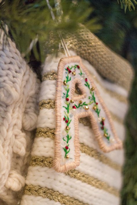 DIY Anthropologie Inspired Felt Letter Ornament Alphabet Ornaments Diy, Anthropologie Felt Ornaments, Christmas Ornament Handmade, New Baby Ornament Diy, Diy Anthropologie Christmas Ornaments, Anthropologie Ornaments Diy, Felt Holiday Crafts, Diy Letter Ornaments, Handmade Christmas Decorations Sewing