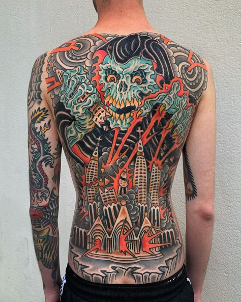 Torso Tattoos For Guys, Large Traditional Back Tattoo, American Traditional Chest Piece, Traditional Back Piece Tattoo, Traditional Tattoo Torso, American Traditional Back Tattoo, American Traditional Back Piece, Traditional Tattoo Back Piece, Traditional Back Tattoo