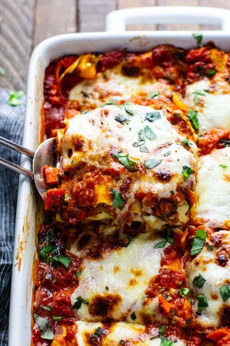 Whether you're a meat-eater or veggie lover, you will fall in love with every bite of this vegetable lasagna! It's layered with rich red sauce, melted cheese, and a mix of roasted and sautéed vegetables. It's easy to make and tastes a little light because it's made without ricotta! This family recipe is one of my all-time favorites and is perfect for feeding a crowd. | asimplepalate.com #lasagna Lasagna No Ricotta, Lasagna Without Ricotta Cheese, Lasagna Recipe Without Ricotta, Ricotta Lasagna, Veggie Lasagna Recipe, Roasted Vegetable Lasagna, Lasagna Recipe With Ricotta, Vegetarian Lasagna Recipe, Lasagna Recipes