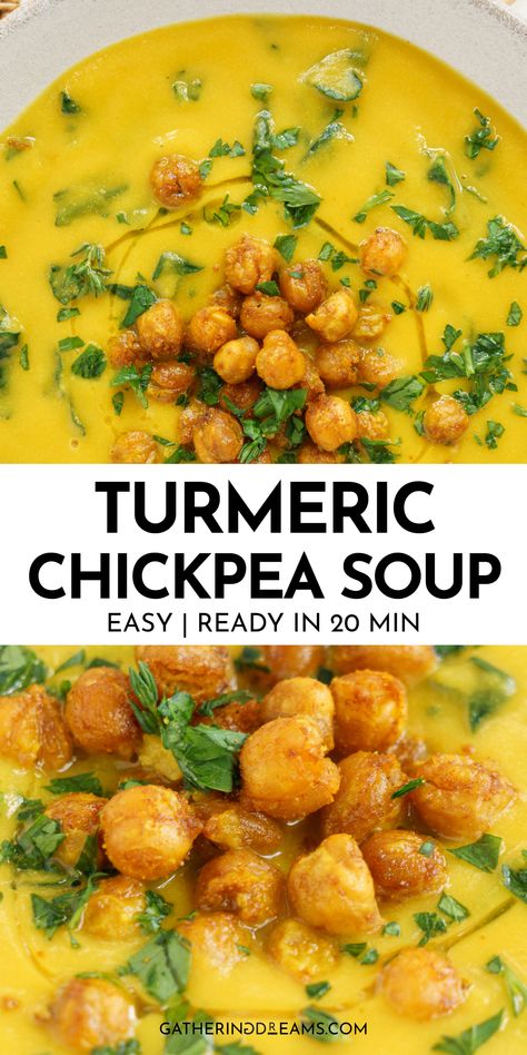 This rich and creamy turmeric chickpea soup is made with a wholesome blend of colorful veggies, chickpeas, and butternut squash. It's the perfect cozy vegetable soup to warm up with on a chilly fall night. Squash Chickpea Soup, Blended Vegetable Soup, Friday Meals, Turmeric Soup, Mediterranean Chickpea, Colorful Veggies, Chickpeas Recipe, Maharashtrian Recipes, Turmeric Recipes