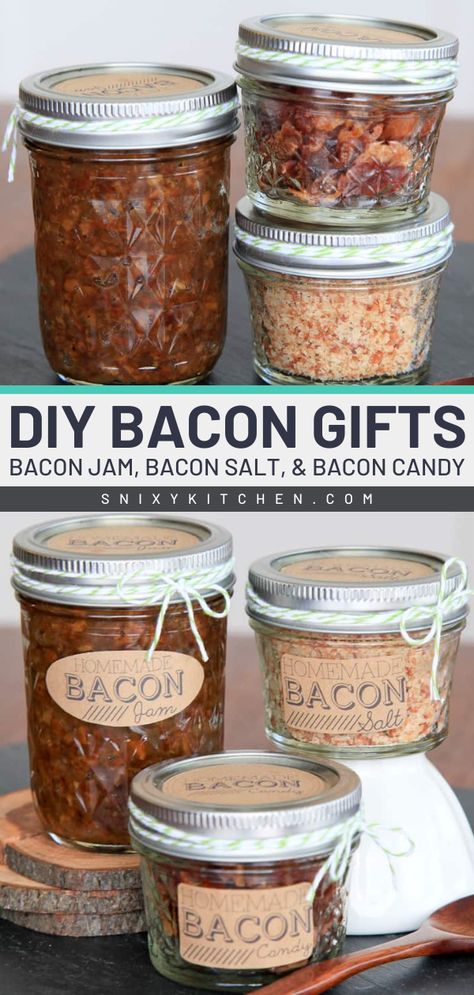 Don't miss out on these DIY Bacon Gifts! They're a yummy appetizer or easy snack to make for the bacon fiends in your life. They will surely love a bacon gift box filled with bacon jam, bacon salt, and bacon candy! Diy Bacon, Easy Christmas Dessert Recipes, Bacon Candy, Christmas Sweets And Treats, Bacon Treats, Bacon Gifts, Easy Christmas Dessert, Bacon Jam Recipe, Easy Dessert Recipes Christmas