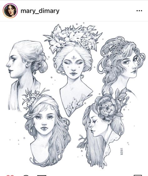 Pencil Drawings Of Women, Mary Dimary, Maria Dimova, Drawings Of Women, Women With Flowers, Motifs Art Nouveau, Nouveau Tattoo, Mucha Art, Art Nouveau Illustration