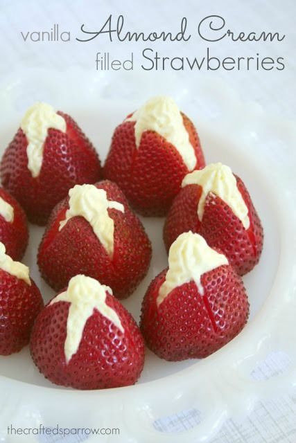 Make these Vanilla Almond Cream Filled Strawberries at your next get together or party and you're sure to be a hit. Filled Strawberries, Almond Filling, Strawberry Dessert Recipes, Strawberry Dessert, Strawberry Filling, Almond Cream, Strawberry Desserts, Chocolate Covered Strawberries, Desert Recipes