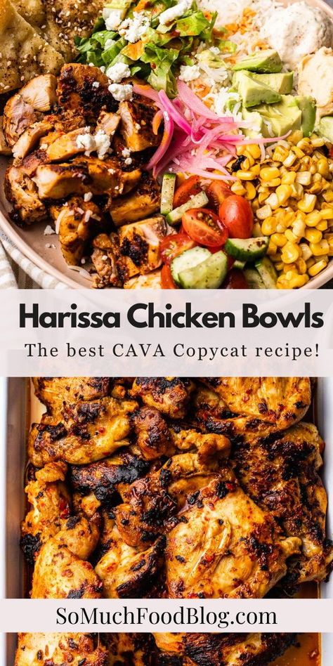 These Harissa Chicken Bowls are inspired by the popular bowl at CAVA! Loaded with tender harissa-marinated chicken, steamed rice, veggies, and drizzled with a tangy harissa vinaigrette. At Home Cava Bowl Recipe, Cava Greek Bowl, Cava Harrisa Chicken, Cava Lemon Chicken Bowl Copycat, Honey Harissa Chicken Bowl, Cava Chicken Marinade, Health Delicious Dinners, Harissa Avocado Bowl Cava, Harissa Pork Chop