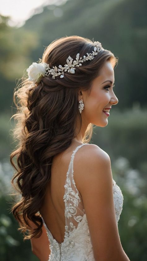 Discover the latest trends in bridal hairstyles for straight long short and curly hair including bangs veils messy crown and easy medium length styles From elegant updos to simple braided looks find the perfect 'do for your special day Wedding Hair Styles For Medium Length, Bridal Wedding Hair With Veil, Bridal Hair Down Medium Length, Short And Curly Hair, Straight Wedding Hair, Medium Length Styles, Cute Curls, Elegant Wedding Hairstyles, Straight Long Hair