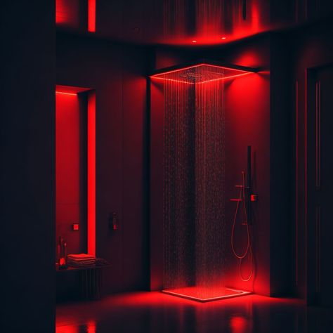 architecture homedecor dream fyp aesthetic luxury minimalist modern modernhome interiordesign Bathroom Red Lights, Red Light Bathroom, Led Lights Shower Bathroom, Red Led Room Aesthetic, Bathroom With Led Lights, Red House Aesthetic, Dark Red Bathroom, Cyberpunk House Interior, Red Light Room