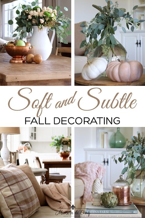 Soft & Subtle Fall Decorating in the Family Room! Blush, Copper, and Pears Create Subtle Fall Decor--->#maisondecinq #falldecor #falldecorating #falldecoratingideas #autumndecor #autumndecorating #fallflowers #fallblooms #decoratingwithflowers #decoratingwithcopper #copper #pumpkins #whitepumpkins #familyroomdecor #familyroom #farmhousestyle #frenchfarmhouse #frenchcountry #countryfrench Fall Decor For Grey Living Room, Fall Decor French Country, Fall Decor Family Room, Fall Family Room Decorating Ideas, French Country Fall Decor, Fall Family Room Decor, Subtle Fall Decor, Fall Decor Living Room Cozy, Sanctuary Home Decor