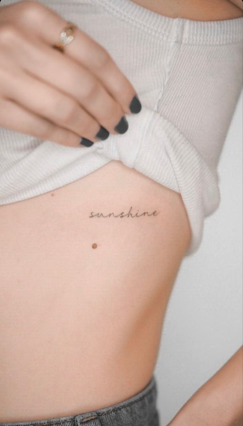 The Word Sunshine Tattoo, Word Sunshine Tattoo, Ribcage Writing Tattoo, Sunshine Rib Tattoo, Sunshine Script Tattoo, Sunshine Back Tattoo, Sunshine Cursive Tattoo, Tattoo Ideas Sunshine, Fineline Rib Tattoos For Women