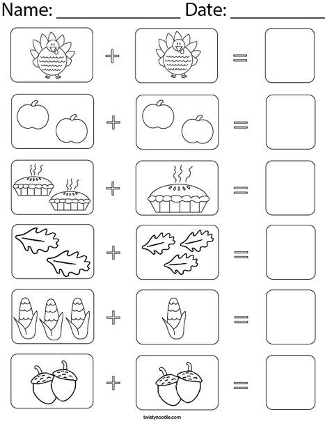 Thanksgiving Picture Addition Math Worksheet - Twisty Noodle Math Addition Worksheets Kindergarten, Picture Addition Worksheets Kindergarten, Maths Worksheet For Class 1, Picture Addition Worksheets, Addition Preschool, Addition Worksheets Kindergarten, Addition With Pictures, Fall Math Kindergarten, Holiday Math Worksheets