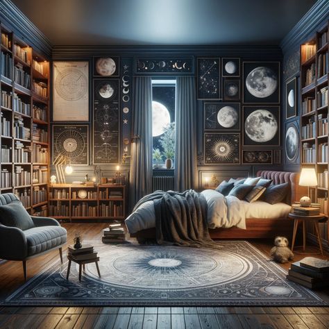 19 Mesmerizing Moon-Themed Bedroom Ideas - hausvibe Celestial Chart, Library Bedroom, Room Boys, Night Court, Circular Mirror, Moon Landing, Blue Decor, Bedroom Themes, White Decor