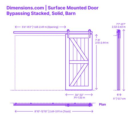 A barn-style bypassing stacked surface mounted sliding door is designed with two or more rustic-looking door panels that slide horizontally in front and behind each other. These panels have crossbars and diagonal braces to create a barn-style look. Downloads online #doors #barndoor #slidingdoors #construction #buildings Bypass Sliding Doors, Sliding Door Drawing, Double Barn Doors Sliding, Sliding Door Dimension, Sliding Barn Door Bottom Guide, Plan 2d, Sliding Door Section Detail Drawing, Timber Sliding Doors, Plastic Spoon Crafts