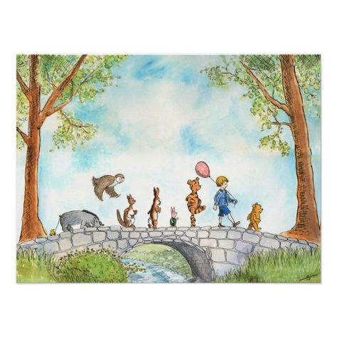 Classic Winnie the Pooh bridge illustration poster designed this for nursery or children's bedroom. afflink Baby Room Artwork, Bridge Illustration, Artwork Animals, Winnie Poo, Winnie The Pooh Nursery, Winnie The Pooh Pictures, Winnie The Pooh Birthday, Classic Winnie The Pooh, Nursery Mural