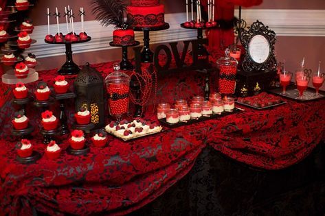 Red And Black Dessert Table Ideas, Red Dessert Table Ideas, Goth Dessert Table, Red And Black Quinceanera Theme, Bachelorette Party Desserts, Granny Party, Bridal Shower Desserts Table, Grooms Table, Vampire Wedding